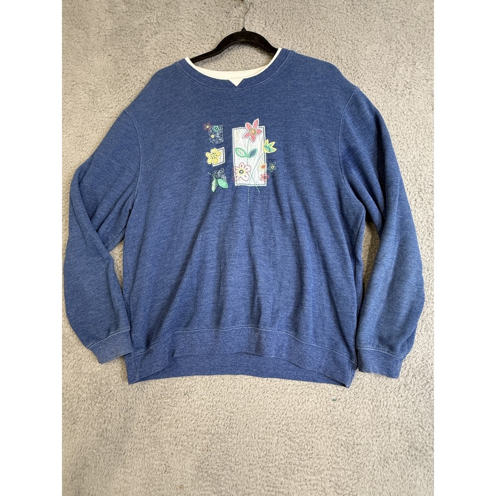 Koret City Blues Sweater Womens Large‎ Blue Floral Embroidered Pullover Casual